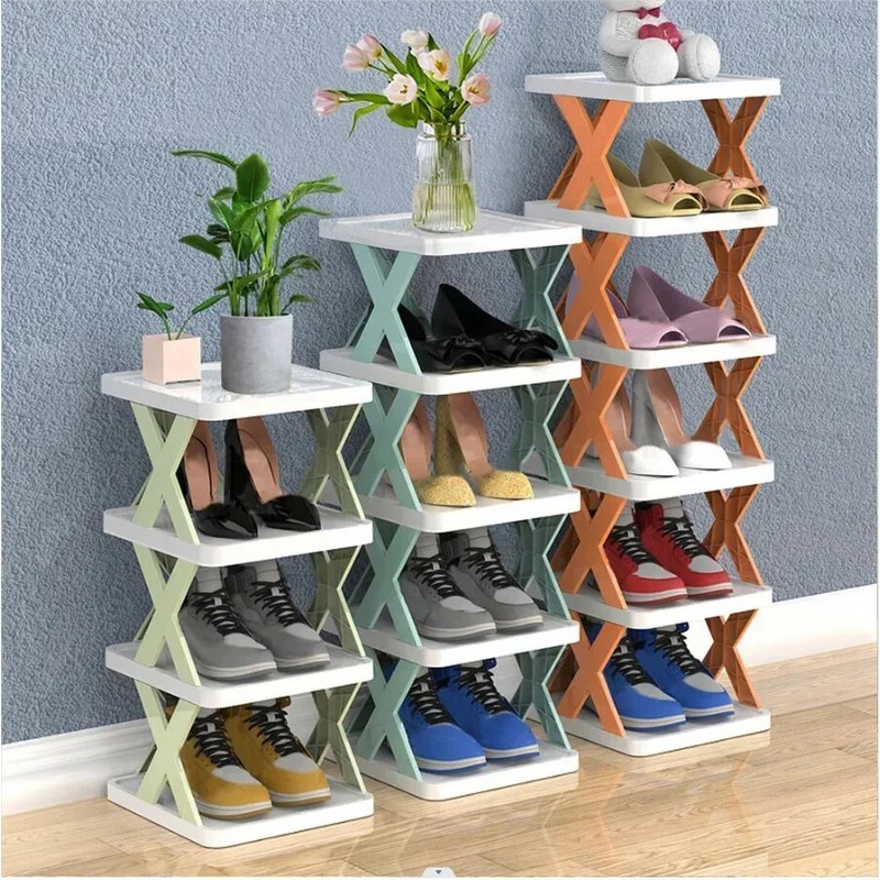 Simple Shoe Rack Space Saving X-Type Folding Shoe Cabinet 5 Layers Plastic Storage Organizer Assemblable Shelf Home Accessories (30x28x17.5cm)