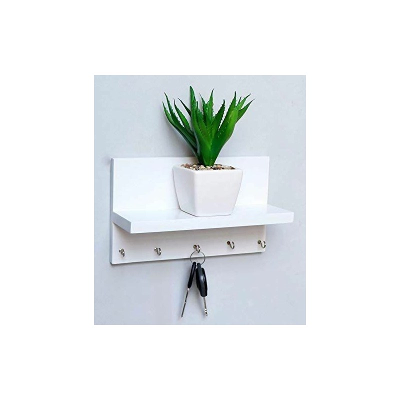 Wall Mounted White Key Ring Hanger Shelf | 12×6 Size Punch Free PVC Board (8mm) Shelf | Stylish Home & Office Décor