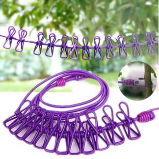 Portable Elastic Travel Clothes Rack – Windproof Outdoor Clothesline with 12 Clips | Multicolor